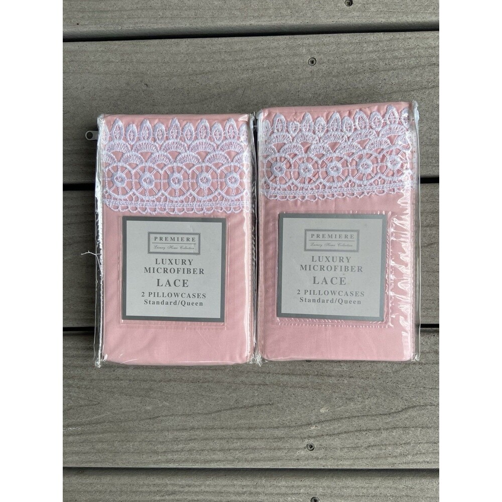 Premiere Luxury Home Pink Microfiber Lace Pillowcases Standard Queen Lot of 4